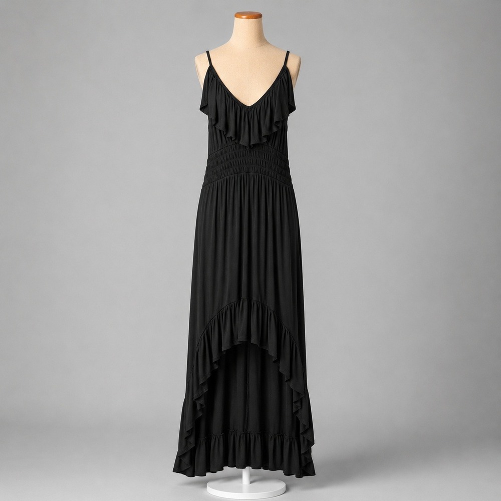 Y2K Express Ruffle Hi Lo Maxi Dress Size XS Black Whimsigoth Beach Vacation